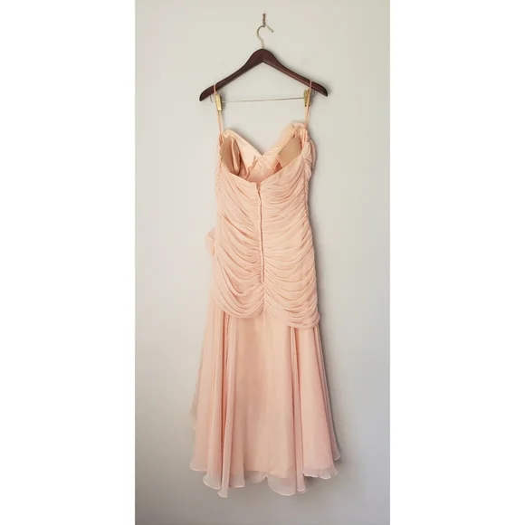 Vintage 80s Pink Pleated Ruched Formal High Low Midi Dress with Rose Detail - Picture 5 of 16